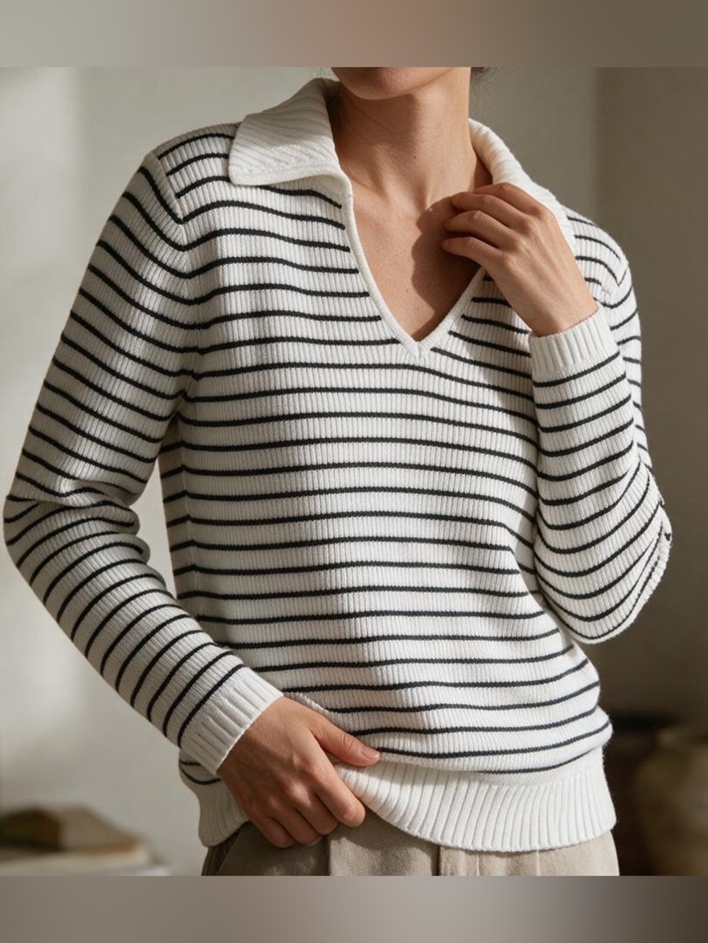 Yousify Women Striped Sweater Polo V Neck Long Sleeve Loose Sweater  sku 178